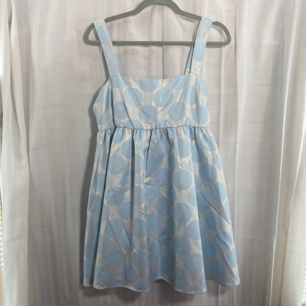 Forever 21 Baby Doll Dress Light Blue Silver Polka Dot Square Neck M Coquette‎